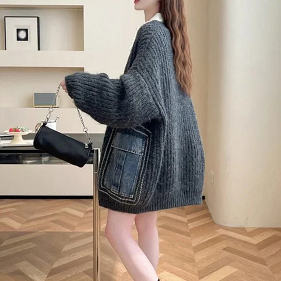 Grey Casual Womens Pocket Decor Drop Shoulder Oversized Cardigan - Picture 2 of 3